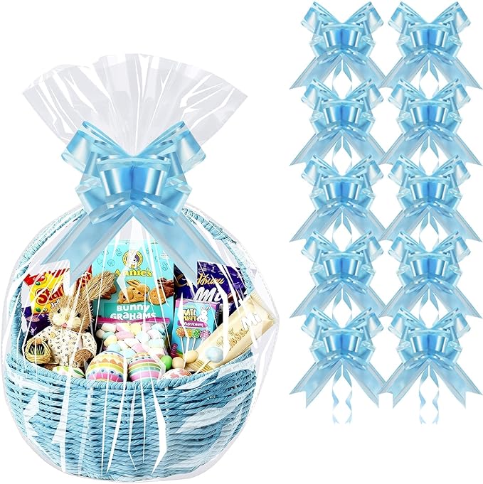 PigPotParty 16"x24" Clear Cellophane Gift Bags - Includes Bows – 10 Pack Cellophane Wrap for Gift Baskets, Plastic Gifts Bags for Gift Giving