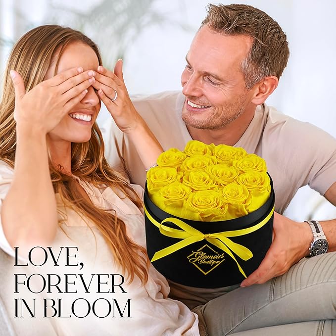 GLAMOUR BOUTIQUE Flowers Forever Gift Box 12 Real Preserved Roses in a Velvet Box, Birthday for Her Mom and Wife, Mothers Day, Anniversary, Graduation - Yellow