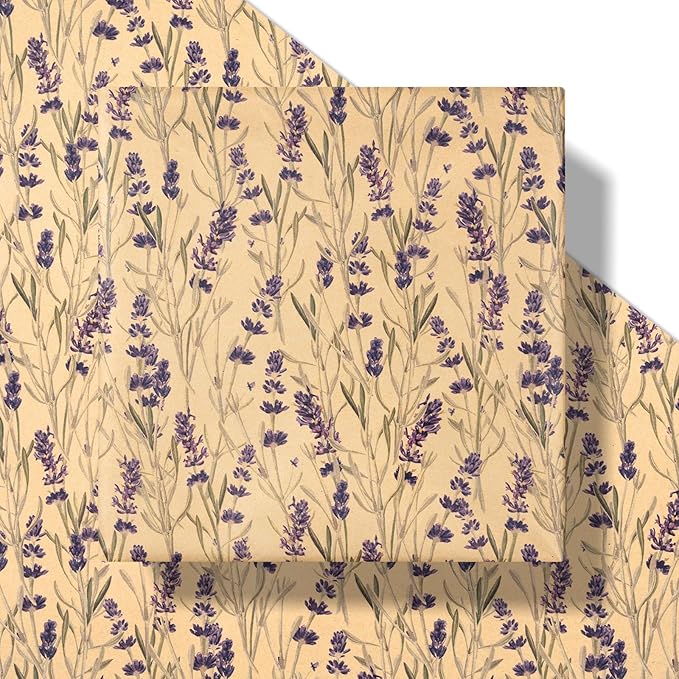 RUSPEPA Lavender Wrapping Paper Roll for Women, Delicate Floral Kraft Gift Wrap, Purple Lavender Design Perfect for Spring, Wedding, Mother's Day, Bridal Shower and Birthday, 17 Inches x 16.4 Feet