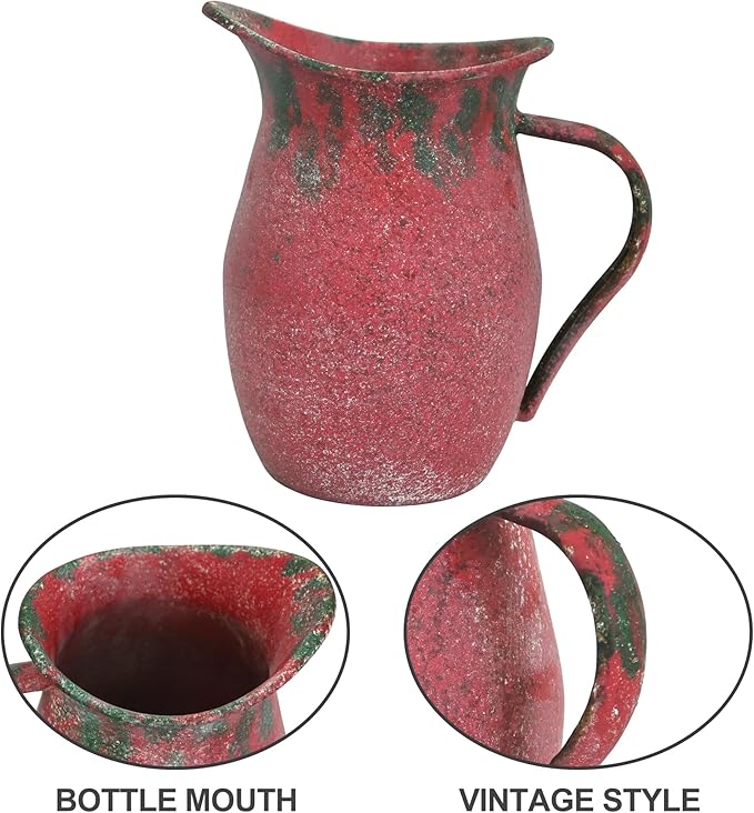 BIG FORTUNE Decorative Pitcher Vase Large Rustic Farmhouse Vase for Flowers Vintage Metal Milk Jug Vintage Decorative Pitcher Kitchen Decorations (Red)