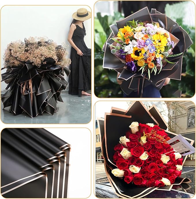 FUSHENMU 20 Sheets Double Sided Black Flower Wrapping Paper - Waterproof Florist Wrap for Bouquet Supplies, DIY Crafts, Gift Packaging