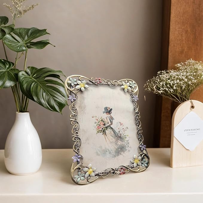 Vintage 5X7 Floral Picture Frames Luxury Unique Ornate Antique Metal Photo Frame of HD Glass for Tabletop/Wall Display Gifts for Women (Retro Colored Flowers)