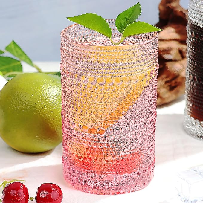 Hobnail-Drinking Glasses 13oz Vintage Glassware Sets Cocktail Juice Glasses Set of 6, Pink