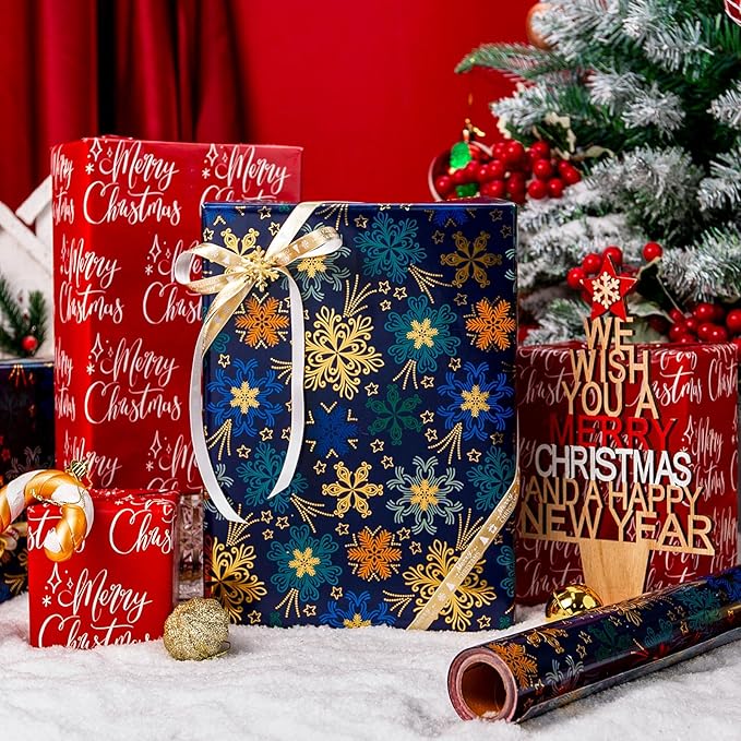 MAYPLUSS Christmas Wrapping Paper Roll - 17IN X 33FT - Green Gift Wrapping Paper Featuring Snowflake Against Dark Green Reversible Merry Christmas for Kids, Holiday, New Year