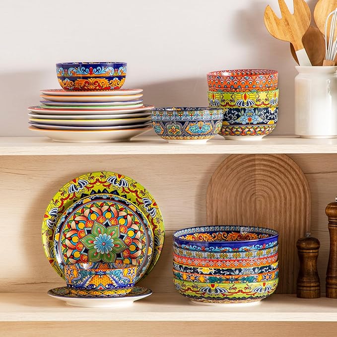 vancasso 24-Piece Dinnerware Sets,Plates & Bowls Sets Service for 6, Bohemian Porcelain Dishes Set for 6, Kitchen Dinner Set,Microwave & Dishwasher Safe, Scratch Resistant,Series KRVI