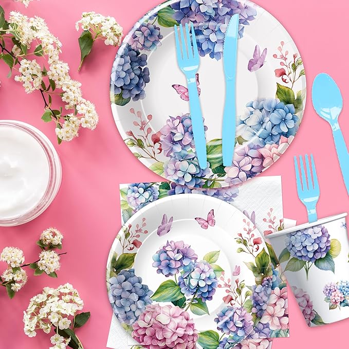 Hydrangea Floral Plates and Napkins Party Supplies - Paper Plate, Cup, Napkin, Fork - Flower Hydrangea Birthday, Bridal, Baby Shower, Wedding Decorations | Serve 24