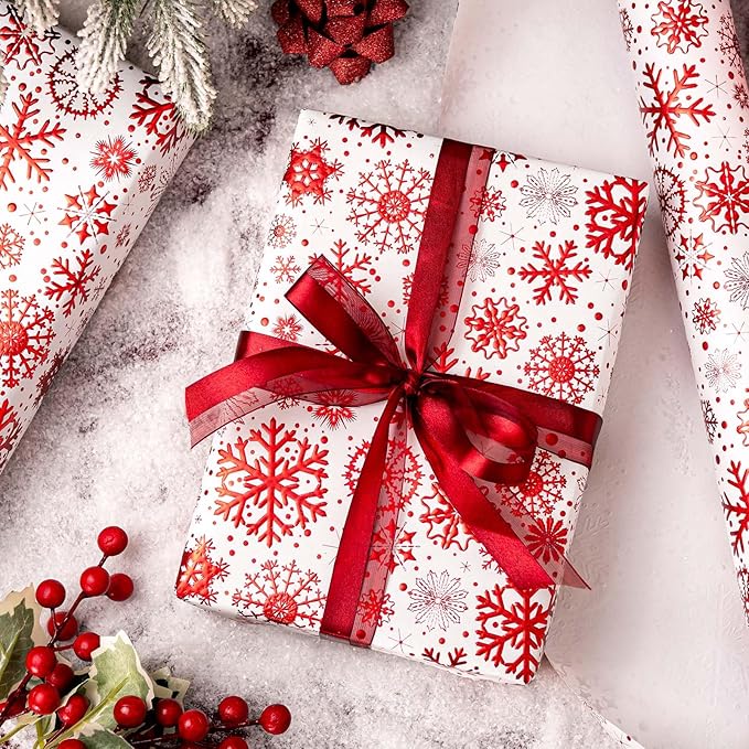 Flyhill Kraft Christmas Wrapping Paper,Red Snowflake Metallic Embossed Foil Luxury Gift Wrap Roll for Holiday, Party,Celebration, New Year (17 Inch X 32.8 Feet)