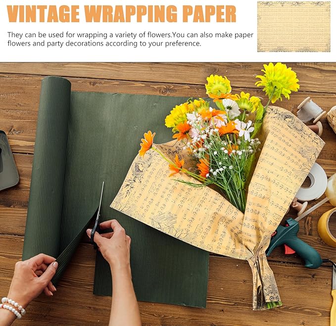 WRITWAA 20 Sheets Vintage Floral Wrapping Paper Bouquet Wraps with Musical Note Pattern Breathable Lightweight Kraft Paper for Wedding Packaging DIY Crafts Flower Decorations