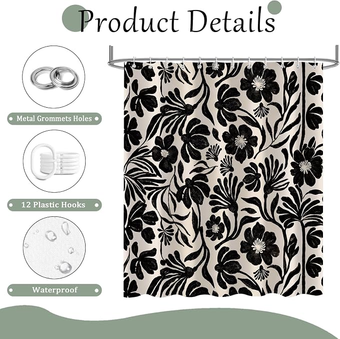 Black Boho Vintage Floral Shower Curtain，Mid Century Modern Retro Cute Abstract Flower Leaves Aesthetic Bathroom Decoration，Polyester Fabric Waterproof Bath Curtain 72x72 Inch with 12 Hooks