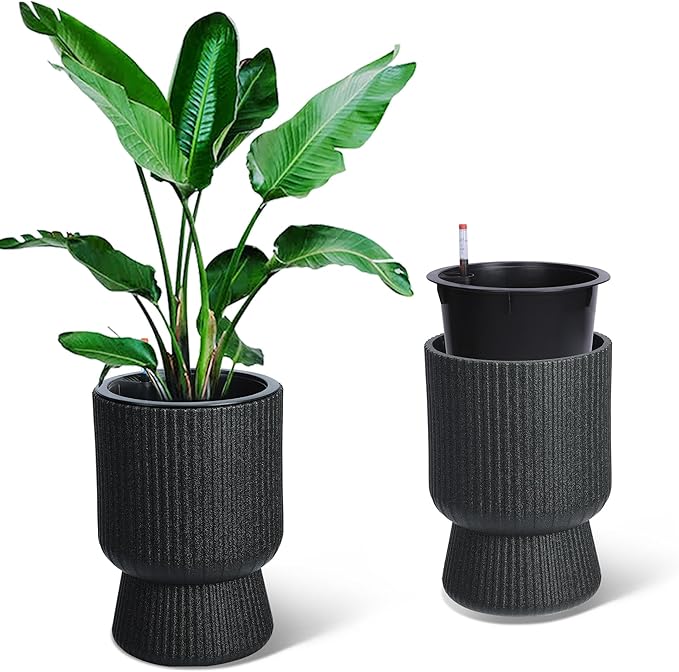 14.2" Tall Planters Set of 2, Plant Pots, Self Watering Pots for Indoor Plants, Flower Pots with Built-in Drainage and a Water Level Monitor, for Patio, Porch, Living Room, or Office, Black
