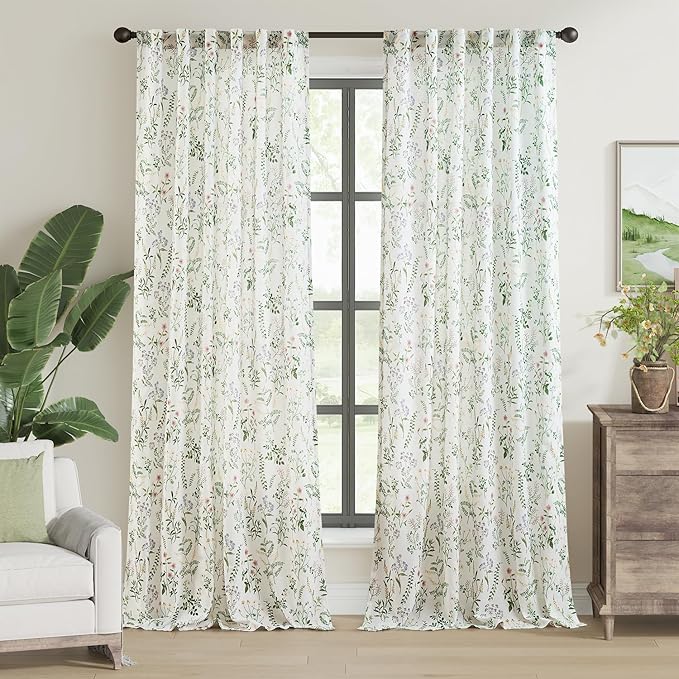 jinchan Floral Linen Blend Curtains for Living Room 96 Inch Length French Country Farmhouse Printed Curtains Sage Green on White Rod Pocket Back Tab Light Filtering Window Drapes 2 Panels