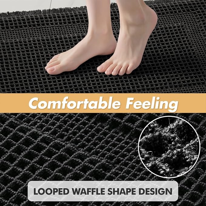 MIULEE Set of 2 Waffle Bathroom Rugs, Boho Bath Rug Super Absorbent, Non Slip Washable Ultra Soft Rubber Backed Shower Bath Mats for Floor, Tub, Shower, Looped Design, Black, 17"x24"+18"x30"
