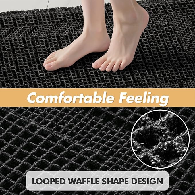 MIULEE Set of 2 Waffle Bathroom Rugs, Boho Bath Rug Super Absorbent, Non Slip Washable Ultra Soft Rubber Backed Shower Bath Mats for Floor, Tub, Shower, Looped Design, Black, 17x24 Inch