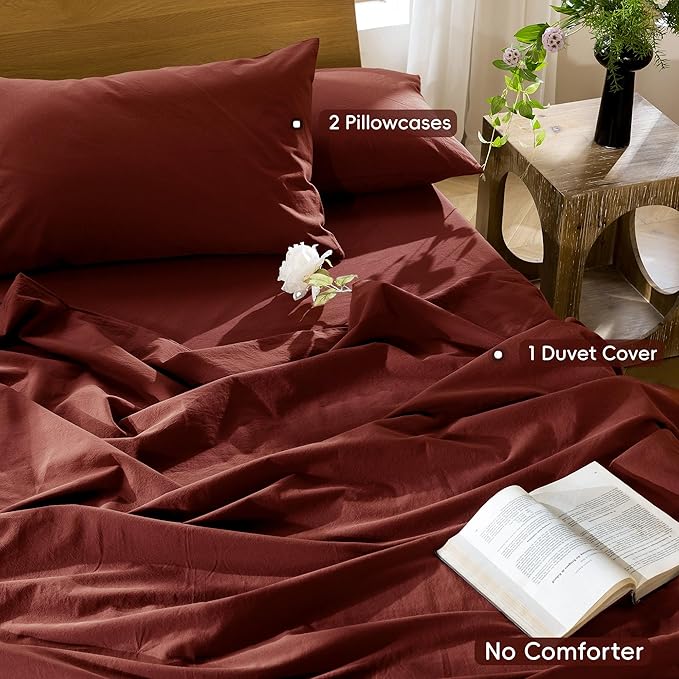 MooMee Bedding Duvet Cover Set 100% Washed Cotton Linen Like Textured Breathable Durable Soft Comfy (Solid Fired Brick Red, Oversized Queen 98"x98")