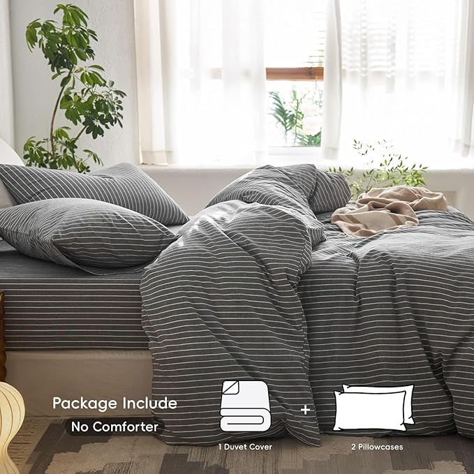 MooMee Striped Duvet Cover Set 100% Washed Cotton Linen Like Textured Breathable Durable Soft Comfy (Dark Grey White Wide Stripes, Oversized Queen 98"x98")