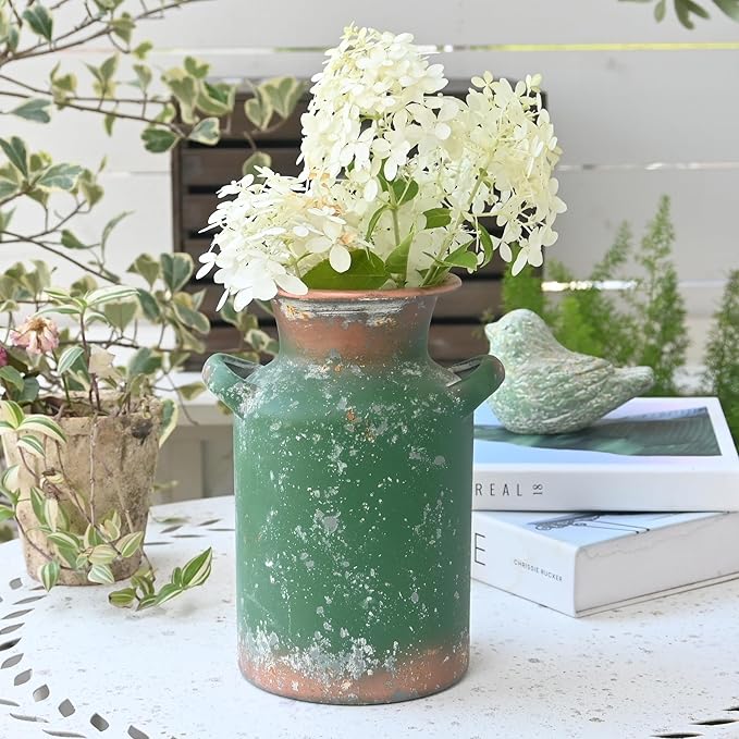 Rustic Vintage Metal Flower Vase for Decor Milk Jug Small Vases for Flowers Kitchen Decorations, Cylindrical,Perfect for Kitchen, Dining Room, Living Room,Housewarming Gift (DarkGreen)