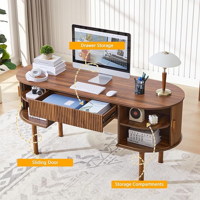 ORRD Home Office Oval Desk with Sliding Tambour Door and Drawer, Modern Fluted Wood Executive Computer Storage Desk for Study, Living Room, Bedroom, Office - Walnut