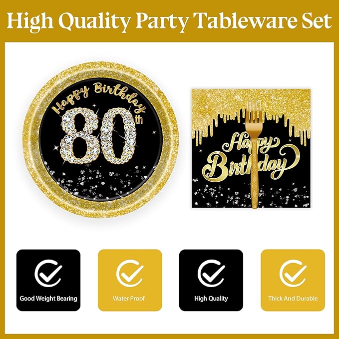 72 Pcs 80th Birthday Paper Plates and Napkins Party Supplies, Back Gold 80th Birthday Party Plates and Napkins Tableware Set for Men Women Cheers to 80 Years Decorations Serves 24