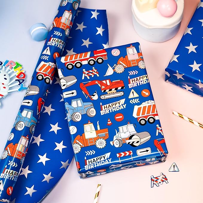 Homeral Blue Construction Truck Birthday Wrapping Paper Roll for Kids, Digger Tractor Truck with Laser Shine & Stars Reversible Gift Wrap for Boys Birthday, Baby Shower - Mini Roll - 17 Inch x 33 Feet