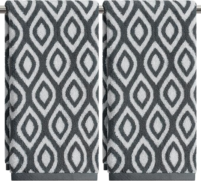 Artoid Mode 2 Pcs Beige Grey Diamond Grid Jacquard Hand Towels for Bathroom, 100% Cotton Soft Absorbent Bathroom Decor Towels, 13.7 x 29.5 Inch
