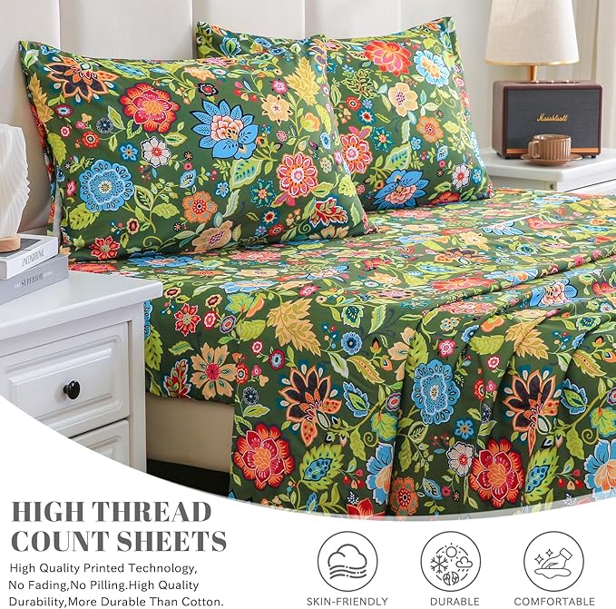 Bedlifes California King Sheet Set Ultra Soft, Breathable, Silky Flower Deep Pocket 100% Microfiber Bedding, 4 Piece Cal King Size with Floral Dark Green