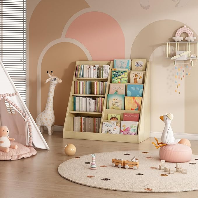 Tatub 6 Tier Kids Wooden Bookshelf and Toy Storage, Children Toy Organizer with Book Shelves, Toddler BookRack Baby Bookcase for Nursery, Playroom and Classroom, Natural Wood