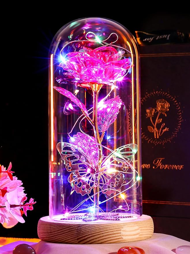 Beferr Christmas Birthday Gifts for Women, Mom Gifts for Christmas Galaxy Glass Rose Forever Preserved Flowers for Delivery Prime Rose in Glass Dome Xmas Gifts for Grandma Wife Sister Her, Pink