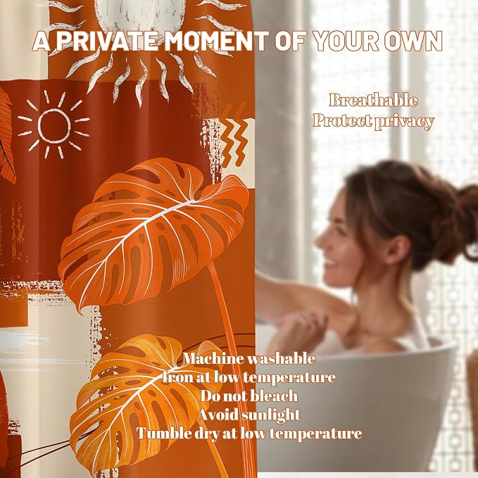 Shower Curtain, Burnt Orange, 70x72 Inch | Mid Century Modern, Bohemian Abstract Leaf, Waterproof Cloth Fabric, Includes Hooks