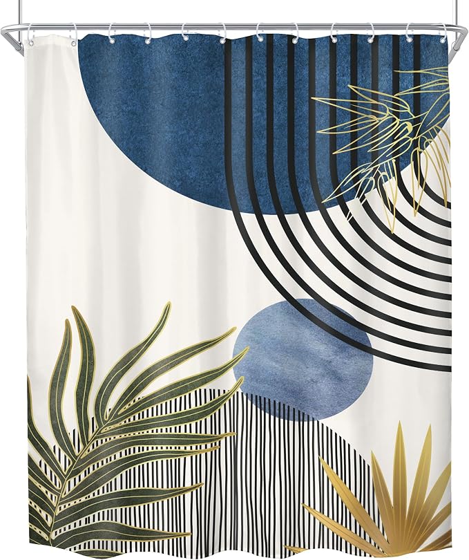 KOMLLEX Mid Century Blue Green Boho Shower Curtain for Bathroom Decor 54Wx78H Inches Abstract Modern Minimalist Chic Plants Arch Curve Leaves Sun Fabric Waterproof Polyester 12 Pack Hooks Pack Hooks