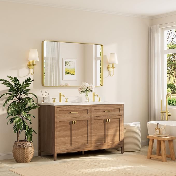 TETOTE 48 x 30 Inch Bathroom Mirror, Brushed Gold Metal Framed Wall Mounted Mirrors, Brushed Brass Rectangle Modern Decorative Vanity Mirror (Horizontal/Vertical)