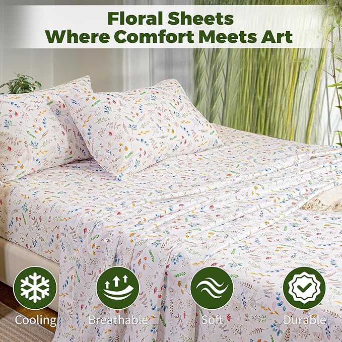 Bedlifes Queen Floral 4-Piece Sheet Set - Cooling Sheets Blend Rayon Derived from Bamboo,Soft & Breathable, Deep Pocket 16", Wrinkle Resistant - Vibrant Boho Floral Design