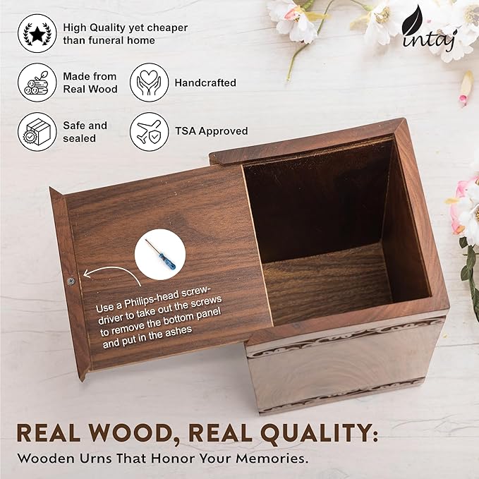 INTAJ Handcarved Wooden Cremation Urn for Human Ashes - Tree of Life Design, 250 lbs Capacity, Suitable for Adult Men and Women - Decorative Funeral Urn Box and Casket