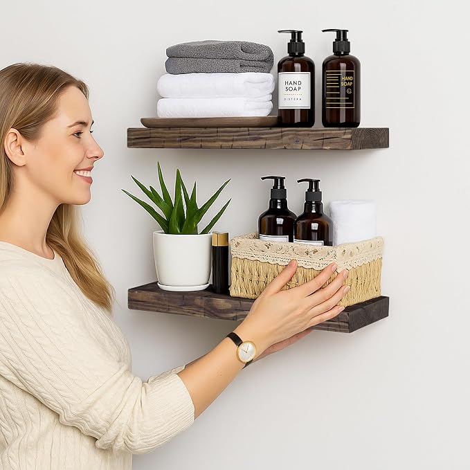 BGMG Floating Shelves 16 inch Long, Distressed Rustic Wooden Wall Shelves for Bathroom Living Room Bedroom Kitchen Farmhouse Set of 2-16x6.7x1.25 inch-Distressed Walnut