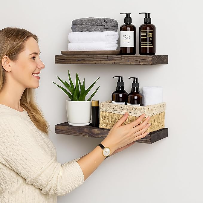 BGMG Wood Floating Shelves for wall 18 inch, Distressed Rustic Wooden Wall Mount Shelves for Bathroom Living Room Bedroom Kitchen Farmhouse Set of 2-18x6.7x1.25 inch-Distressed Walnut