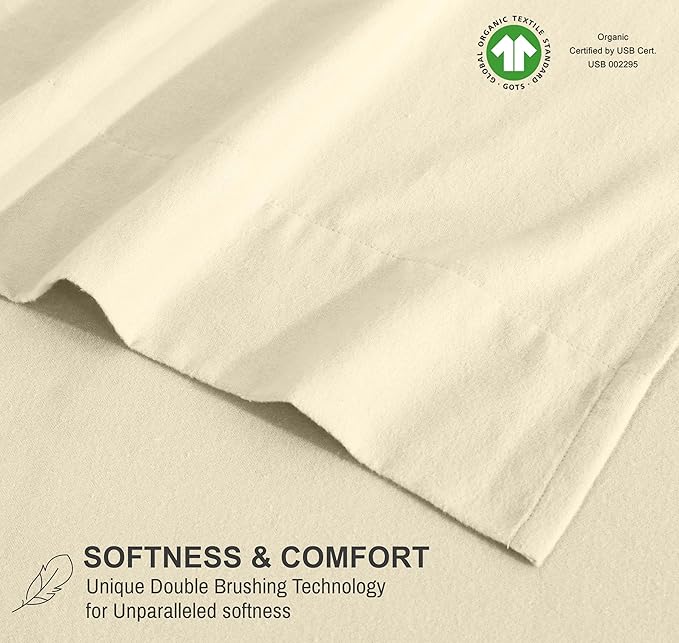 RUVANTI Flannel Sheets Full Size - GOTS Certified 100% Organic Cotton, 4 Piece Warm, Soft & Breathable Set, Deep Pocket Snug Fit, Double Brushed Cozy All Season Bedding, Winter White