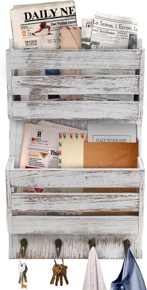 Rustic Wooden Mail Organizer by [Brand Name] - 4 Key Hooks & 2-Slot Wall File Holder for Home Decor