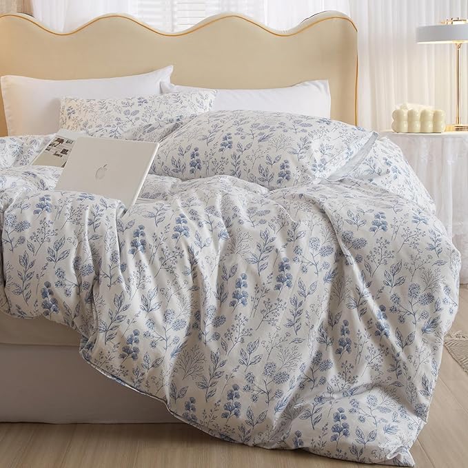 Twin Size Cute White Duvet Cover with Blue Floral Print,Coquette Bedding Set Soft Cotton Comforter Cover Boho Style,Aesthetic Twin Bedding Set with Zipper Closure 4 Ties