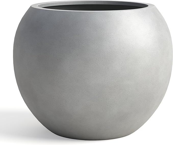 DTY Signature Mount Sherman Modern Indoor Outdoor Fiberstone Sphere Planter, Durable Round Garden Pot, Weather Resistant, Drainage Hole & Rubber Plug, Planter for Christmas Tree - Small, Gray