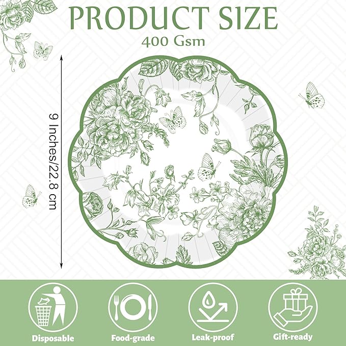 100 Pieces Sage Green Floral Paper Plates 9 Inches Disposable Green Flower Scalloped Plates Vintage Floral Dinner Dessert Decorative Plate for Wedding Baby Shower Birthday Party Supplies
