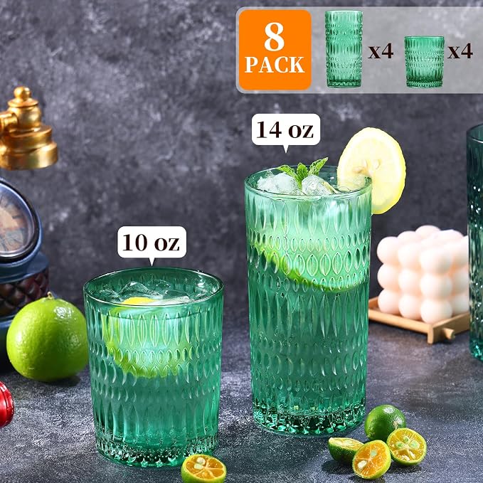 Loivttvv Glassware Drinking Glasses Set of 8, 14 oz Highball Glasses & 10 oz Ribbed Glass Cups, Vintage Glassware for Water, Juice, Cocktail, Whiskey (Dark Green)