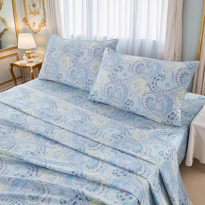 Brandream Paisley Queen Size Sheet Set Luxury Floral Boho Bohemian Medallio Bedding Collections 800 Thread Count 100% Egyptian Cotton Deep Pocket, 4 Piece, Blue