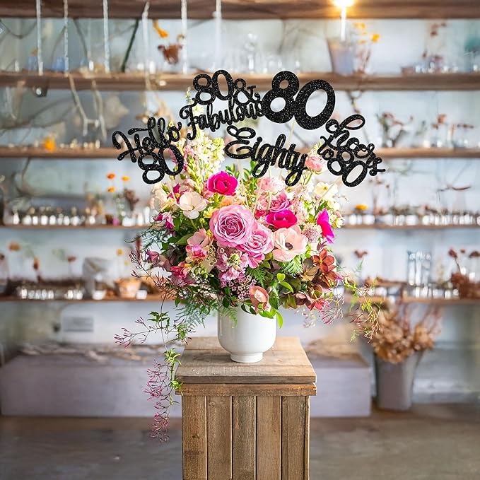 Gyufise 15Pcs 80th Birthday Centerpiece Sticks Eighty Happy 80th Table Flower Centerpieces Sticks Cheers to 80 Floral Decorations for 80th Birthday Party Centerpieces Supplies Black