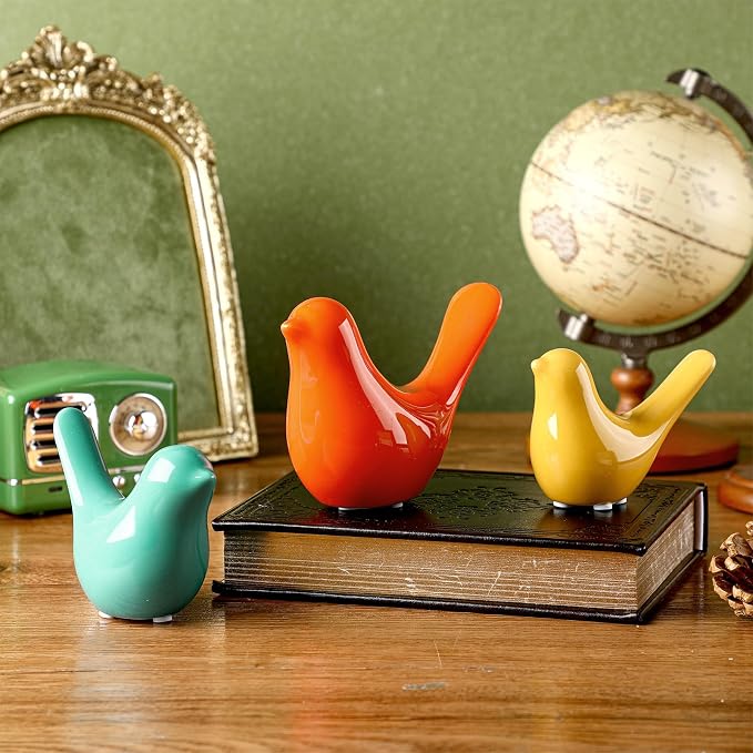 AceOrbit 3pcs Mid Century Modern Decor Medieval Table Decor Ceramic Birds Orange Blue and Yellow Ceramic Birds for Home Office Table Desktop Bookshelf Mantelpiece Shelf Centerpiece