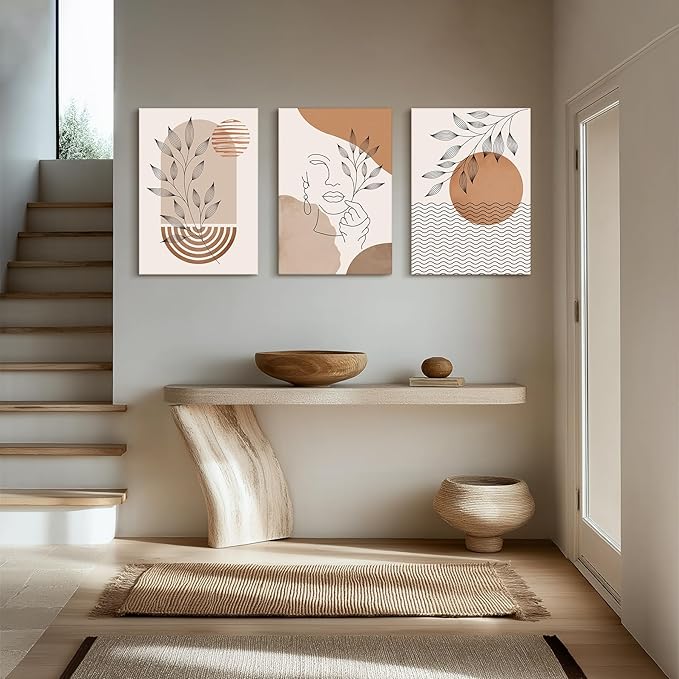 SERIMINO Boho Framed Wall Art Set of 3, Minimalist Wall Decor Living Room, Geometric Line Leaf Sun Moon Canvas Artwork Paintings for Bathroom, Home Decor Print, 20"X28"