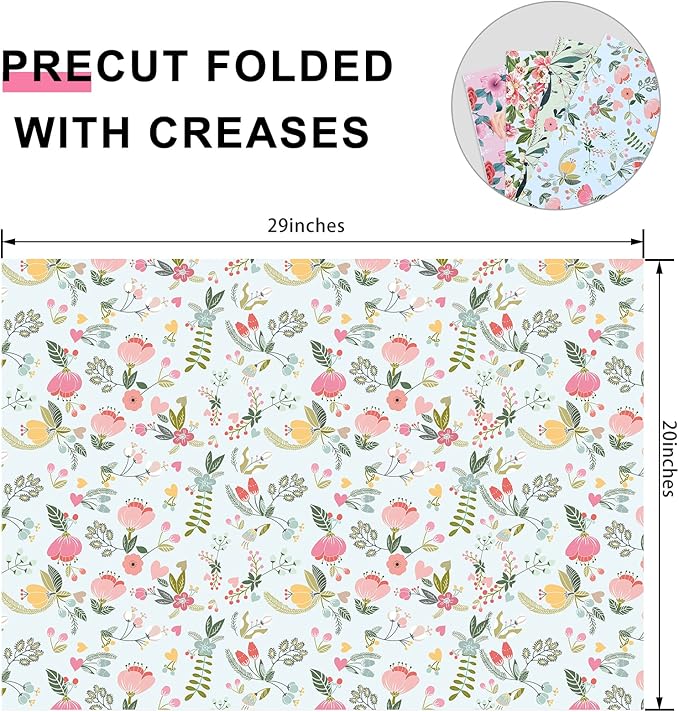 PlandRichW Floral Wrapping Paper Folded Sheets for Women Girls Baby, 12 Sheets Recycled Gift Wrapping Paper for Wedding, Birthday, Mother's Day, Party, Baby Shower, Precut 20" X 29"