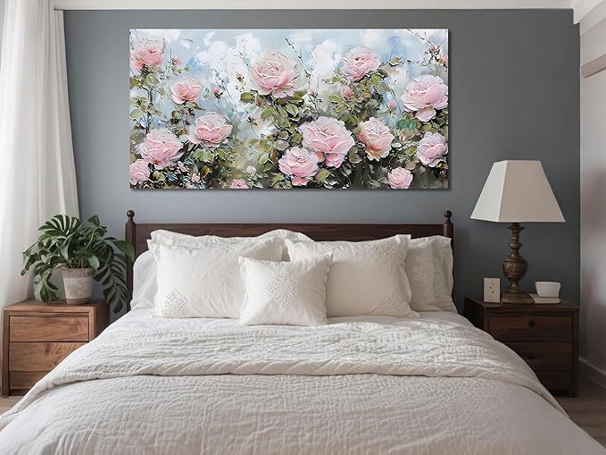 Ardemy Flower Wall Art Canvas Art Wall Decor, Floral Painting Textured Picture Living Room, Pink Rose Artwork Framed for Bedroom Kitchen Dining Room Home Office Decor Extra Large 58"x29"