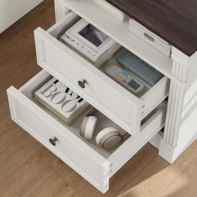 White Nightstand with Charging Station, Farmhouse Wood Bedside Table & End Table with 2 Drawers and Chic Wood Pilasters Design, Side Table Storage Cabinet with Metal Handles for Bedroom, Living Room