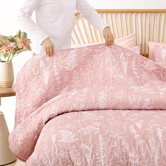 JANZAA Quilts Queen Size Pink Quilt Botanical with Floral Pattern Microfiber Bedspreads Queen Size 3 Pieces Lightweight Comforter Reversible Bedding Set with 2 Pillow Cases