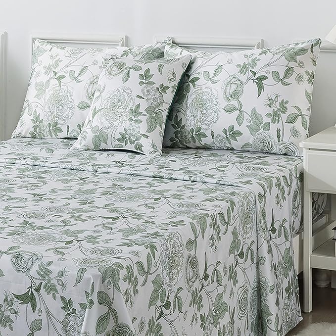 FADFAY Sheets Set Queen Vintage White and Green Floral Bedding Elegant Peony Sheets Set Shabby Rose Farmhouse Bedding 100% Egyptian Cotton 800 Thread Count Deep Pocket Fitted Sheet 4Pcs, Queen Size