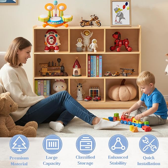 Montessori Shelf 8-Section Wooden Storage Cabinet, 3-Shelf Toy Organizers and Storage, Kids Classroom Organizer, Playroom, Daycare and Preschool